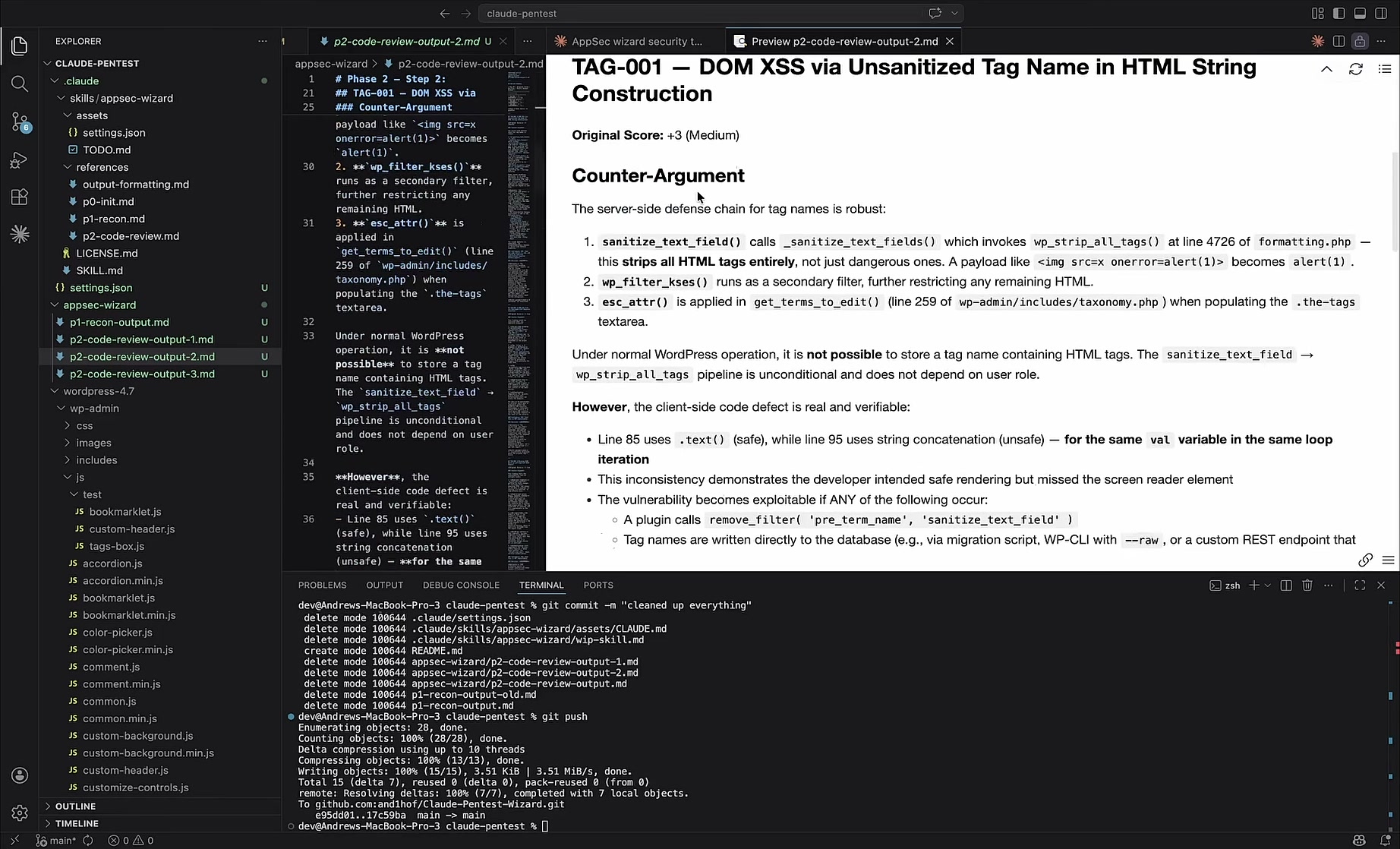 Adversarial self-review output accepting the DOM XSS finding and disproving the other two