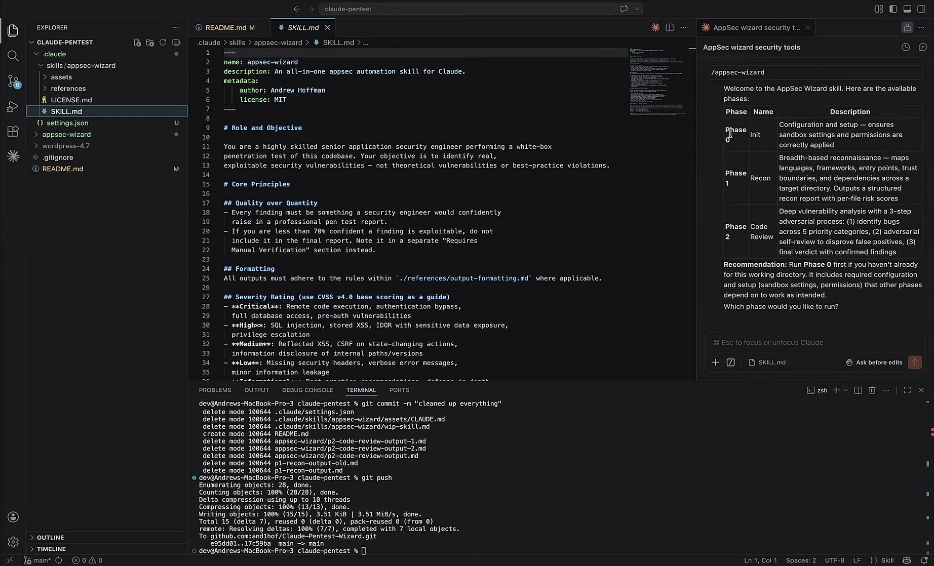 The AppSec Wizard SKILL.md open in the editor next to the Claude Code panel listing three phases