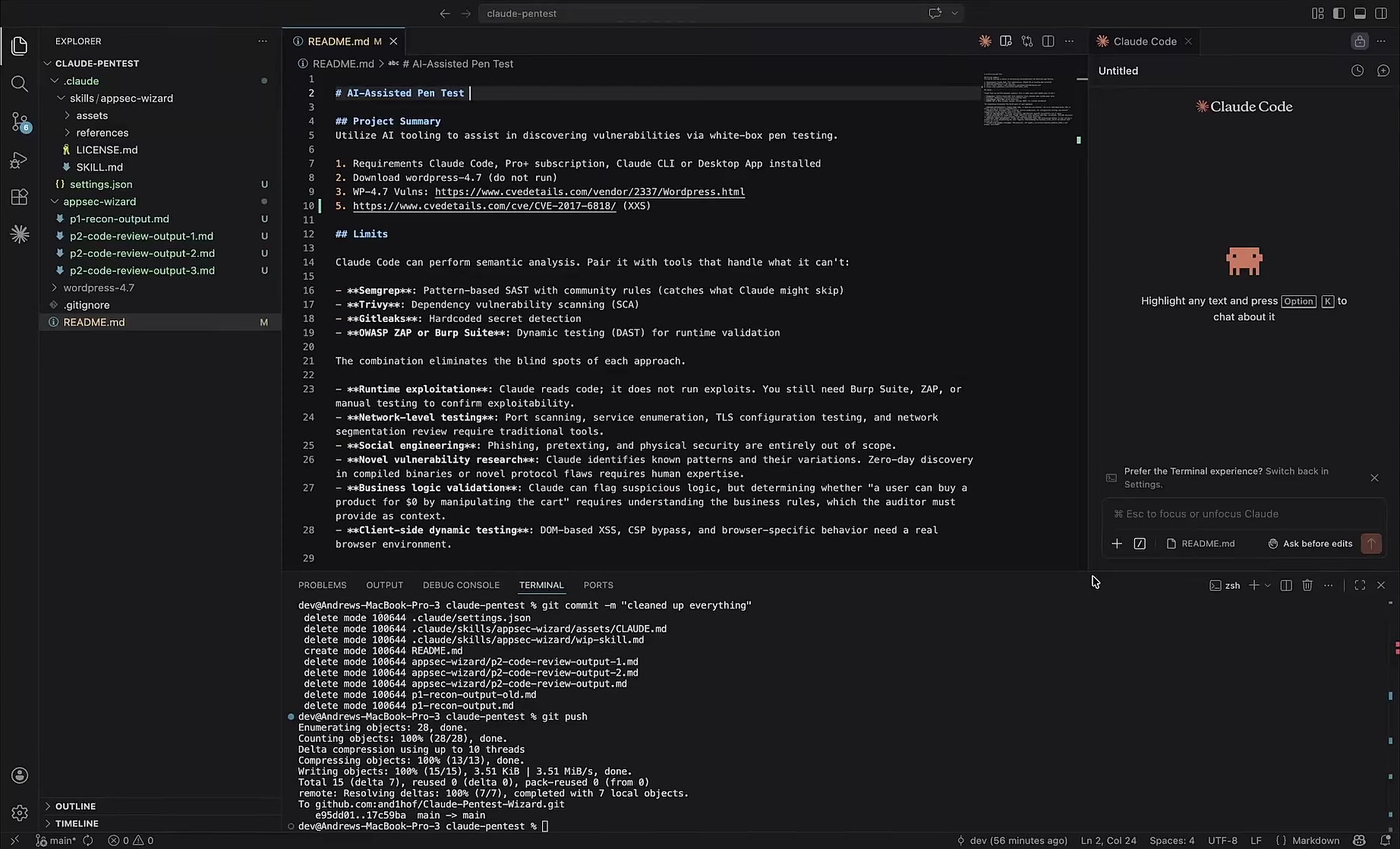 Claude Code running an AI-assisted white-box penetration test inside a code editor
