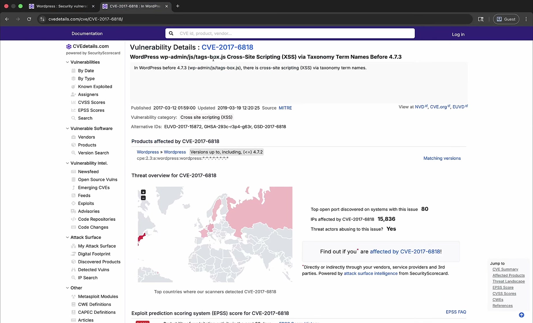 CVE Details page for CVE-2017-6818 describing XSS via taxonomy term names in tags-box.js