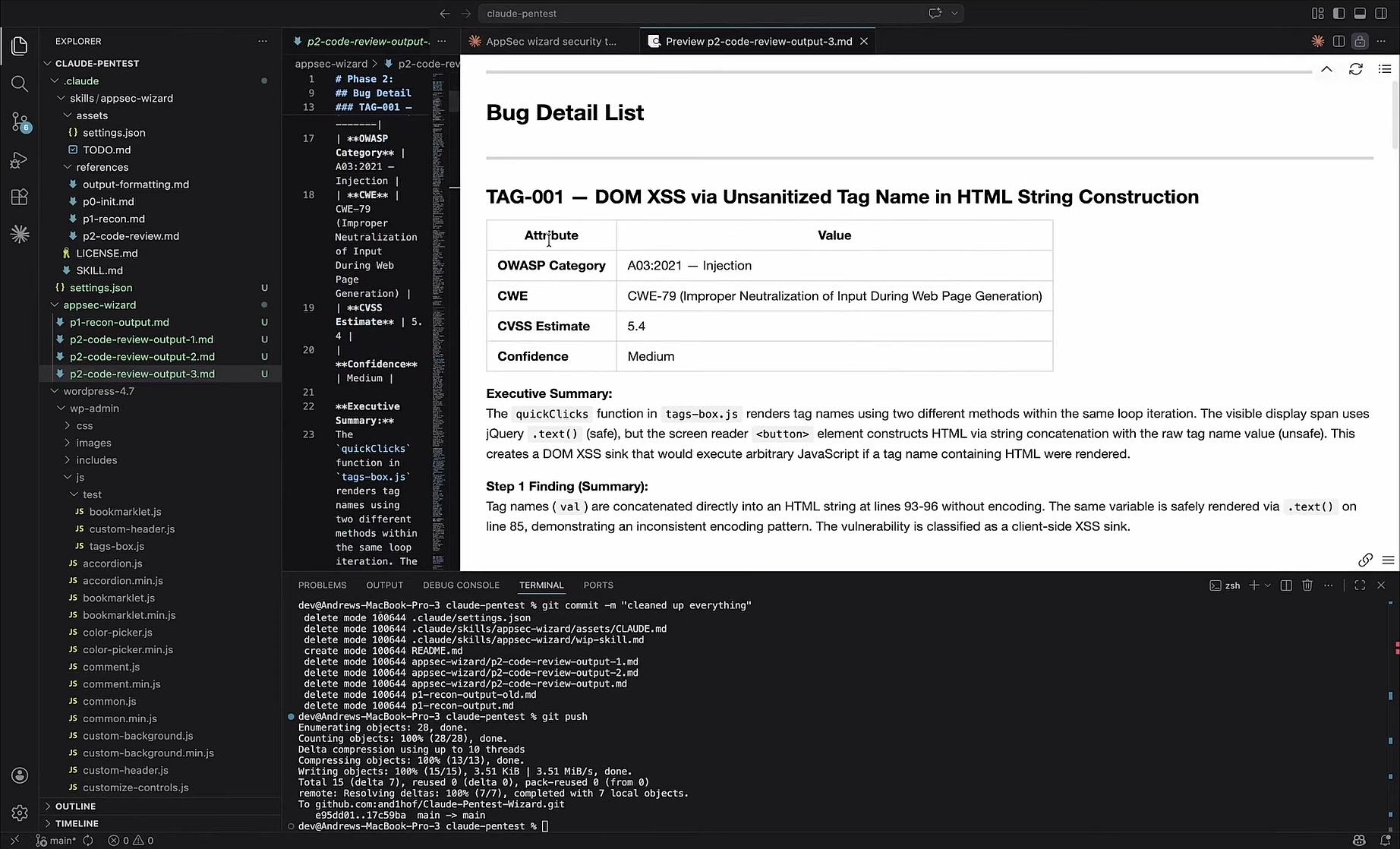 Final report for the TAG-01 DOM XSS finding with OWASP category, CWE, and CVSS estimate