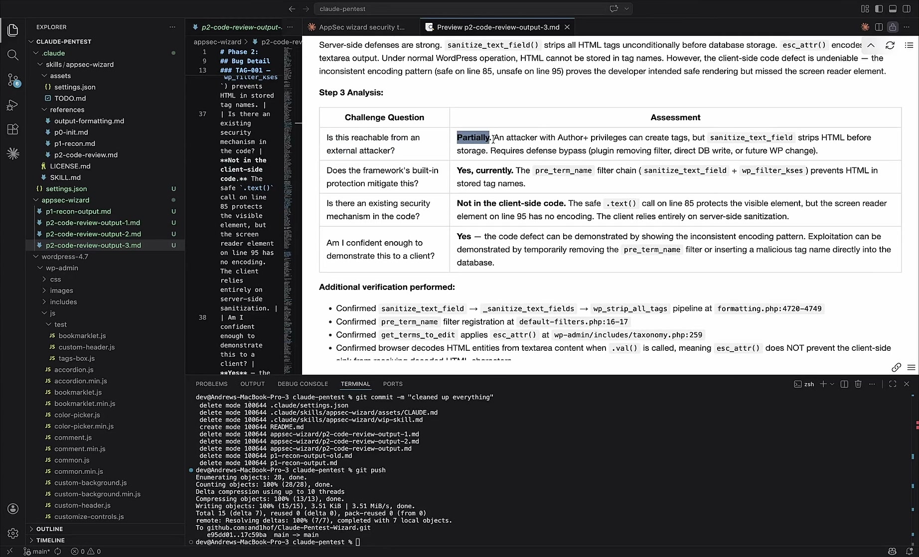 Analysis step where Claude references a WordPress filter chain mitigation that does not exist in version 4.7