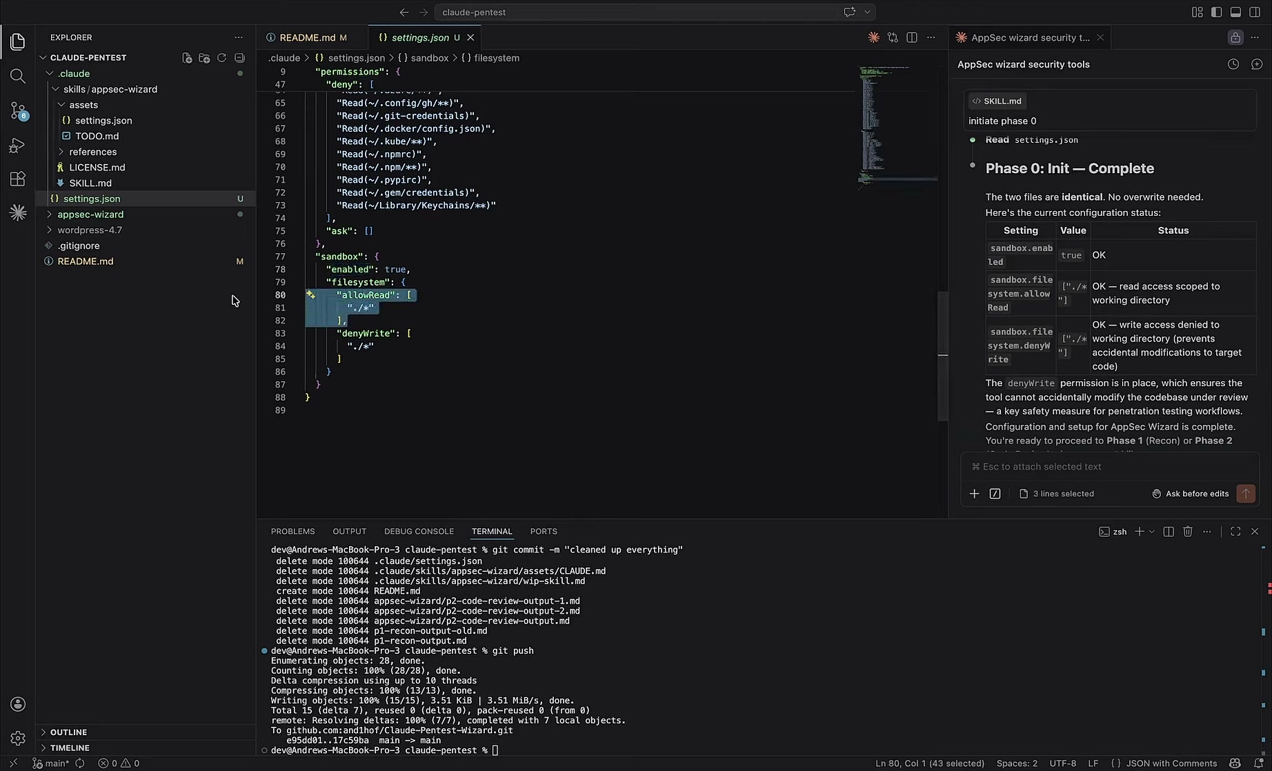 settings.json permissions and sandbox configuration with Claude reporting Phase 0 complete