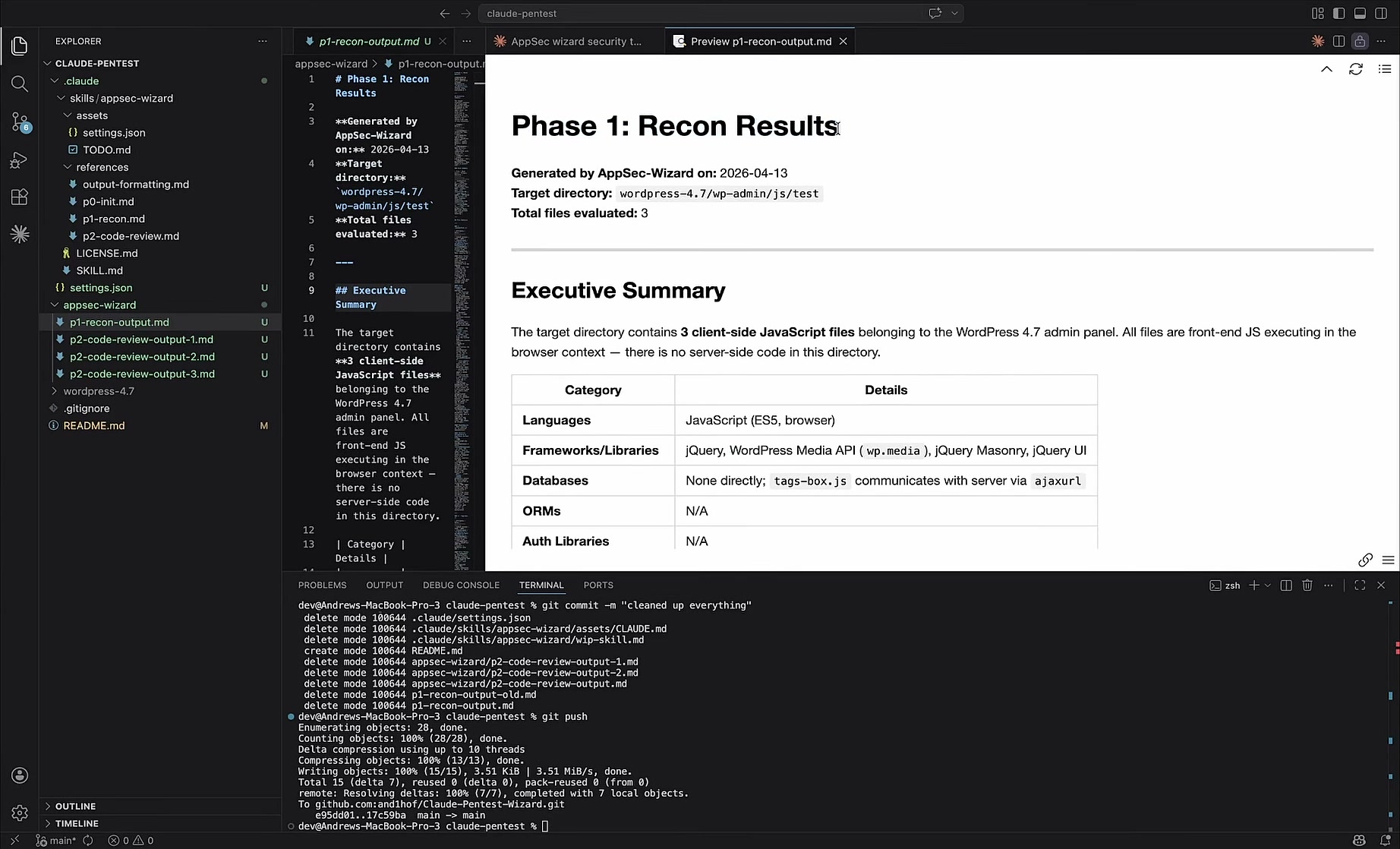 Phase 1 recon results markdown showing an executive summary identifying ES5 JavaScript and jQuery