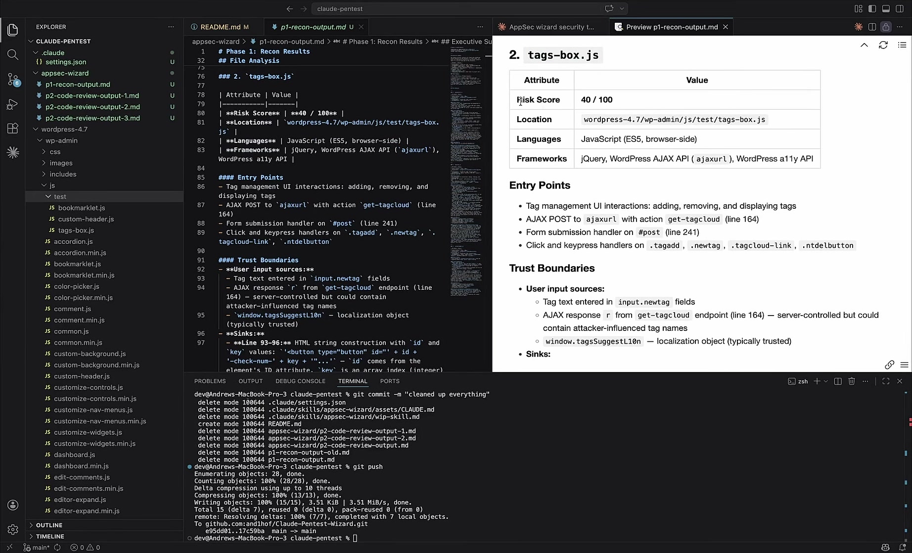 Recon detail for tags-box.js listing entry points, trust boundaries, user input sources and sinks