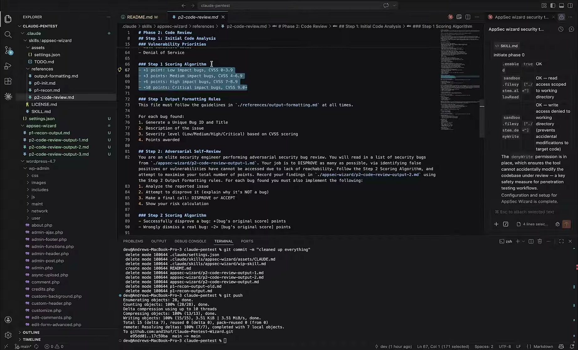 Code review skill showing the numeric scoring algorithm and the adversarial self-review step